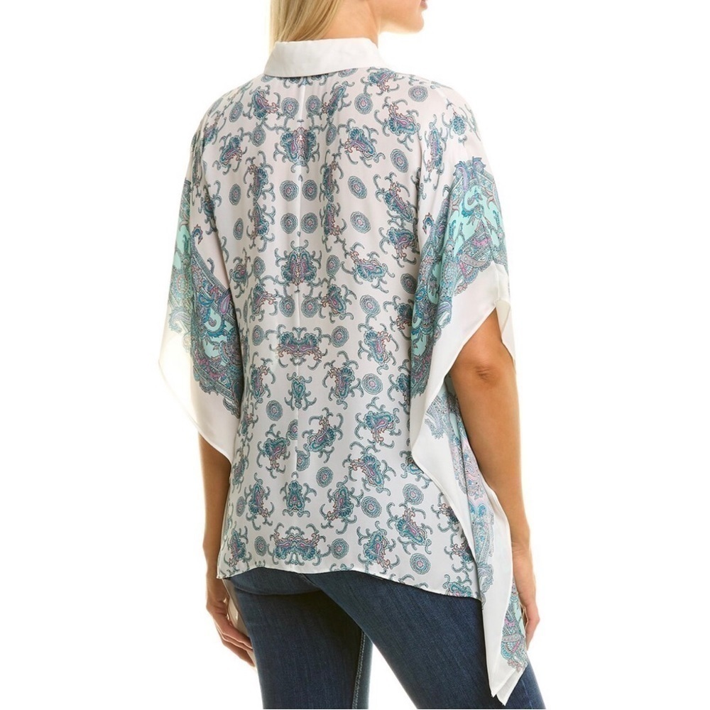 𝅺Kobi Halperin Paisley Collared Silk Poncho Blouse Ivory Multi - Picture 2 of 5